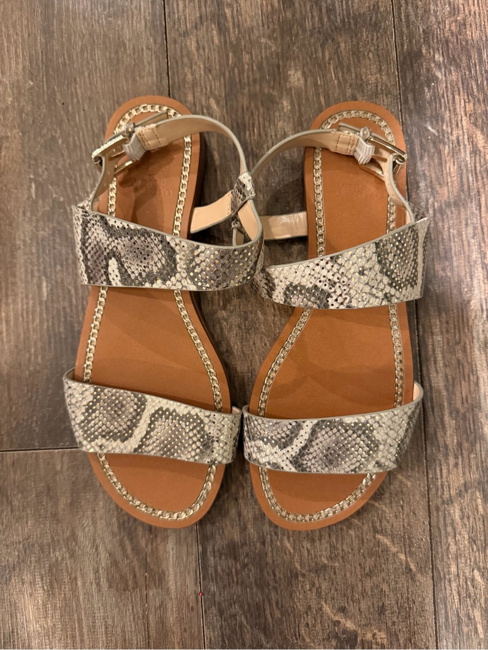 Vince Camuto Snake-Print Strappy Sandals in Gray and Tan
